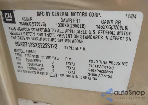 2005 Buick Rainier Cxl z USA, uszkodzony, nr VIN 5GADT13SX52223123